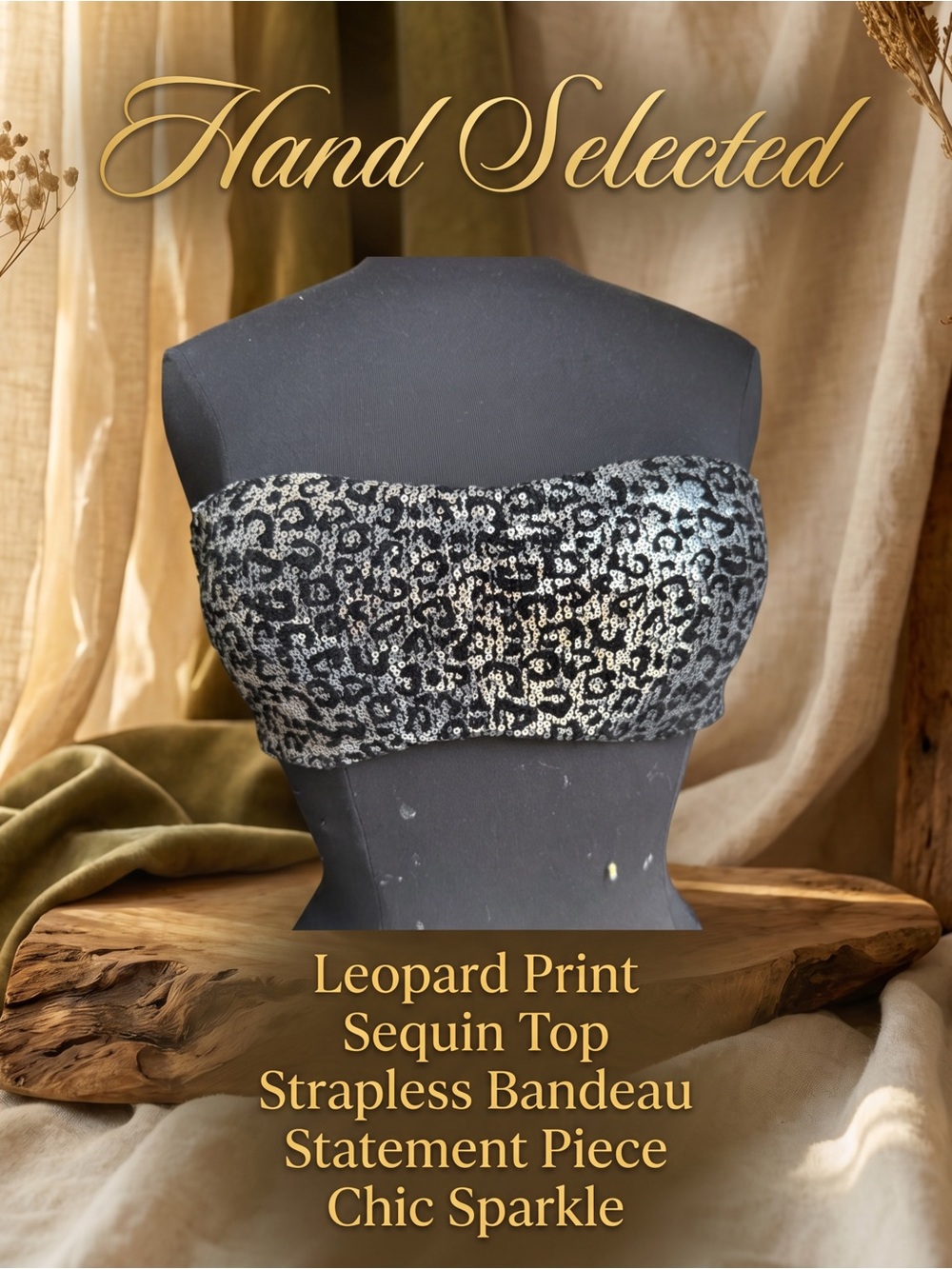Sophie B Silver Black Sequin Leopard Strapless Bandeau Tube Top Mob Wife M